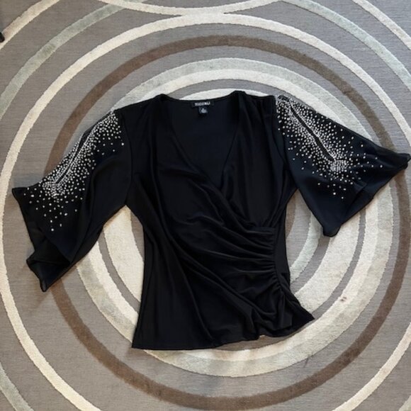 ROZ & ALI Beaded Rhinestone Black Woman's Top Size Small - Picture 5 of 9